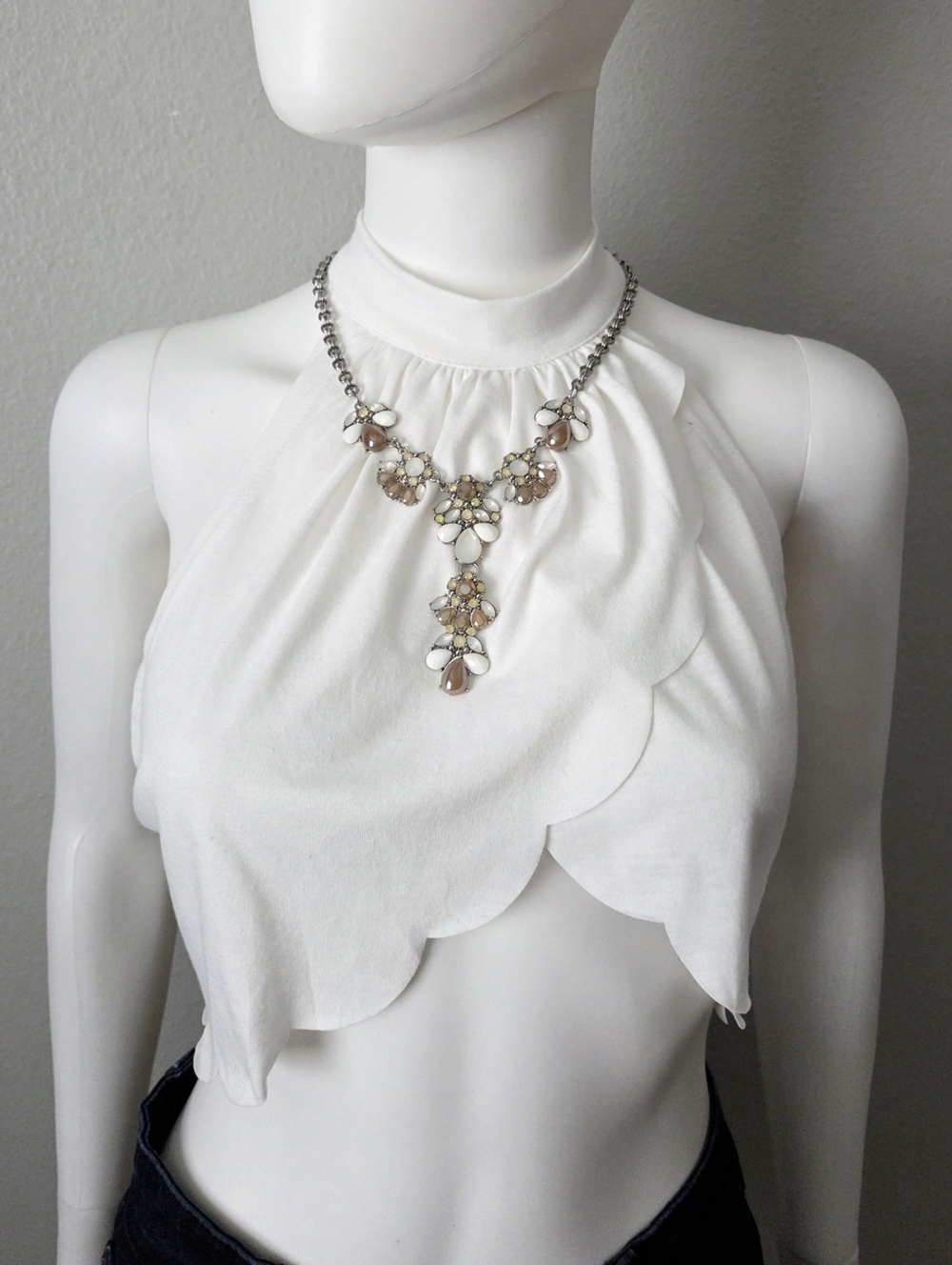 New York & Company White and Taupe Statement Y-Necklace With Silver Chain - Picture 2 of 12